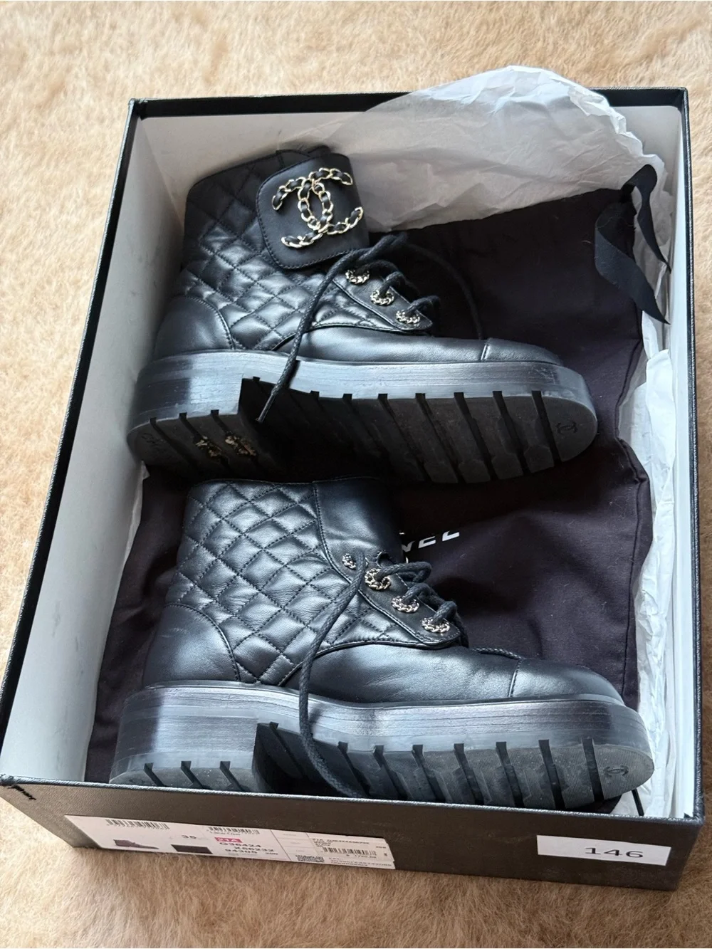 CHANEL Black Quilted Leather Combat Boots with Chain CC Detailing size 5